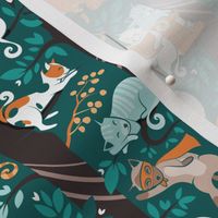 Small scale // Cats forest // green background dark brown trees grey white and orange kitties