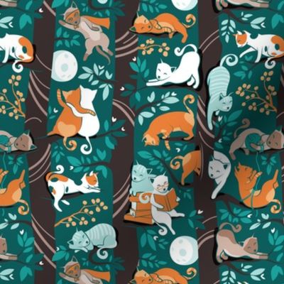 Small scale // Cats forest // green background dark brown trees grey white and orange kitties