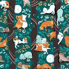 Small scale // Cats forest // green background dark brown trees grey white and orange kitties