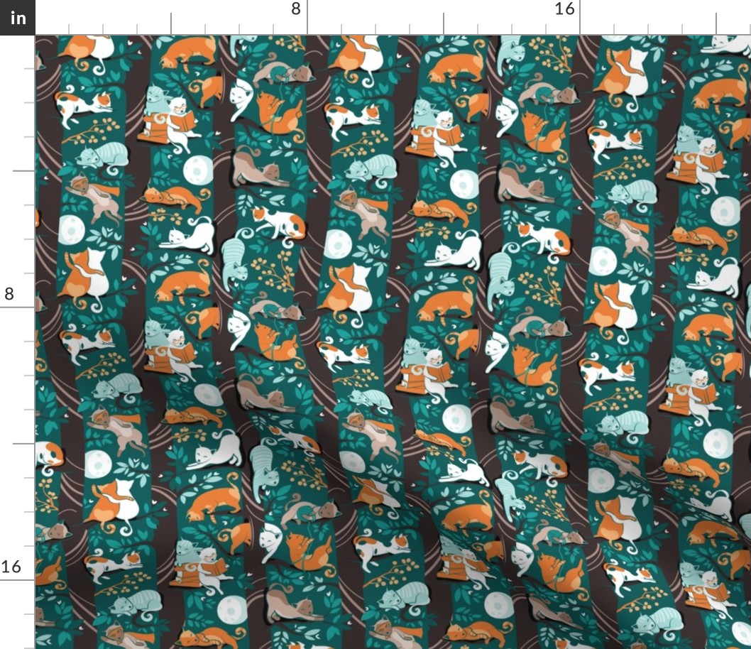 Small scale // Cats forest // green background dark brown trees grey white and orange kitties