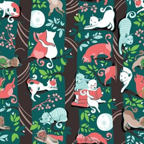 Small scale // Cats forest // green background dark brown trees aqua white and coral kitties