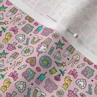 Patches Stickers 90's Doodle Unicorn Ice Cream, Rainbow, Hearts, Stars, Gemstones, Love and Flowers on Pink Tiny Small Rotated