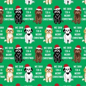 TINY - shih tzu christmas fabric - funny shih tsu fabric, dog fabric, christmas dog fabric - green