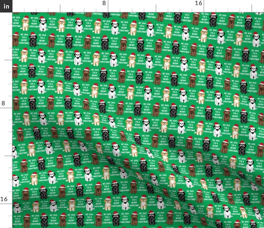 TINY - shih tzu christmas fabric - funny shih tsu fabric, dog fabric, christmas dog fabric - green