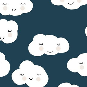 Sweet puffy clouds kawaii sky smiling sleepy cloud in cool navy blue winter