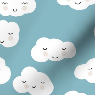 Sweet puffy clouds kawaii sky smiling sleepy cloud in cool soft blue winter