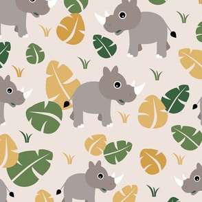 Cute Rhino jungle woodland animals adorable kids illustration pattern gender neutral ochre green beige baby nursery