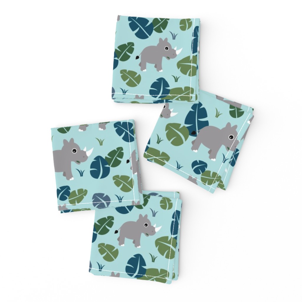 Cute Rhino jungle woodland animals adorable kids illustration pattern gender neutral emerald green blue baby nursery