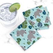 Cute Rhino jungle woodland animals adorable kids illustration pattern gender neutral emerald green blue baby nursery