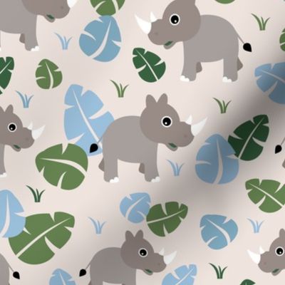 Cute Rhino jungle woodland animals adorable kids illustration pattern gender neutral soft blue green baby nursery