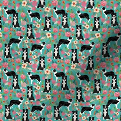 SMALL - border collie floral fabric - dog flower, dog florals, dog design, small fabric, - turquoise