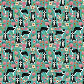 SMALL - border collie floral fabric - dog flower, dog florals, dog design, small fabric, - turquoise