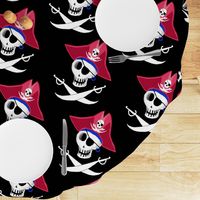 pirate skull, large scale, black and white, red, blue