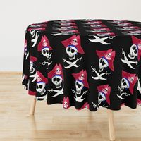 pirate skull, large scale, black and white, red, blue