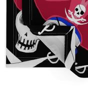 pirate skull, large scale, black and white, red, blue