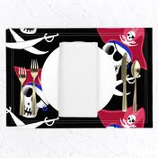 pirate skull, large scale, black and white, red, blue