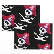 pirate skull, large scale, black and white, red, blue