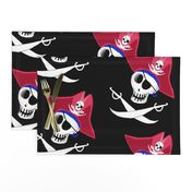 pirate skull, large scale, black and white, red, blue