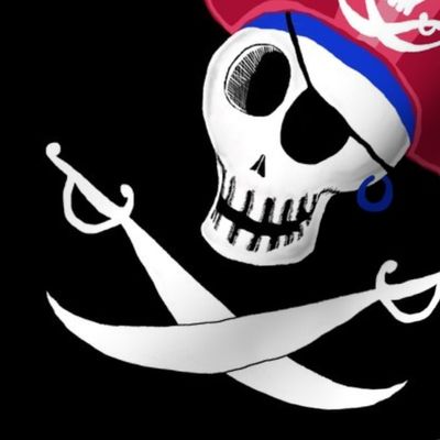 pirate skull, large scale, black and white, red, blue