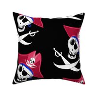 pirate skull, large scale, black and white, red, blue