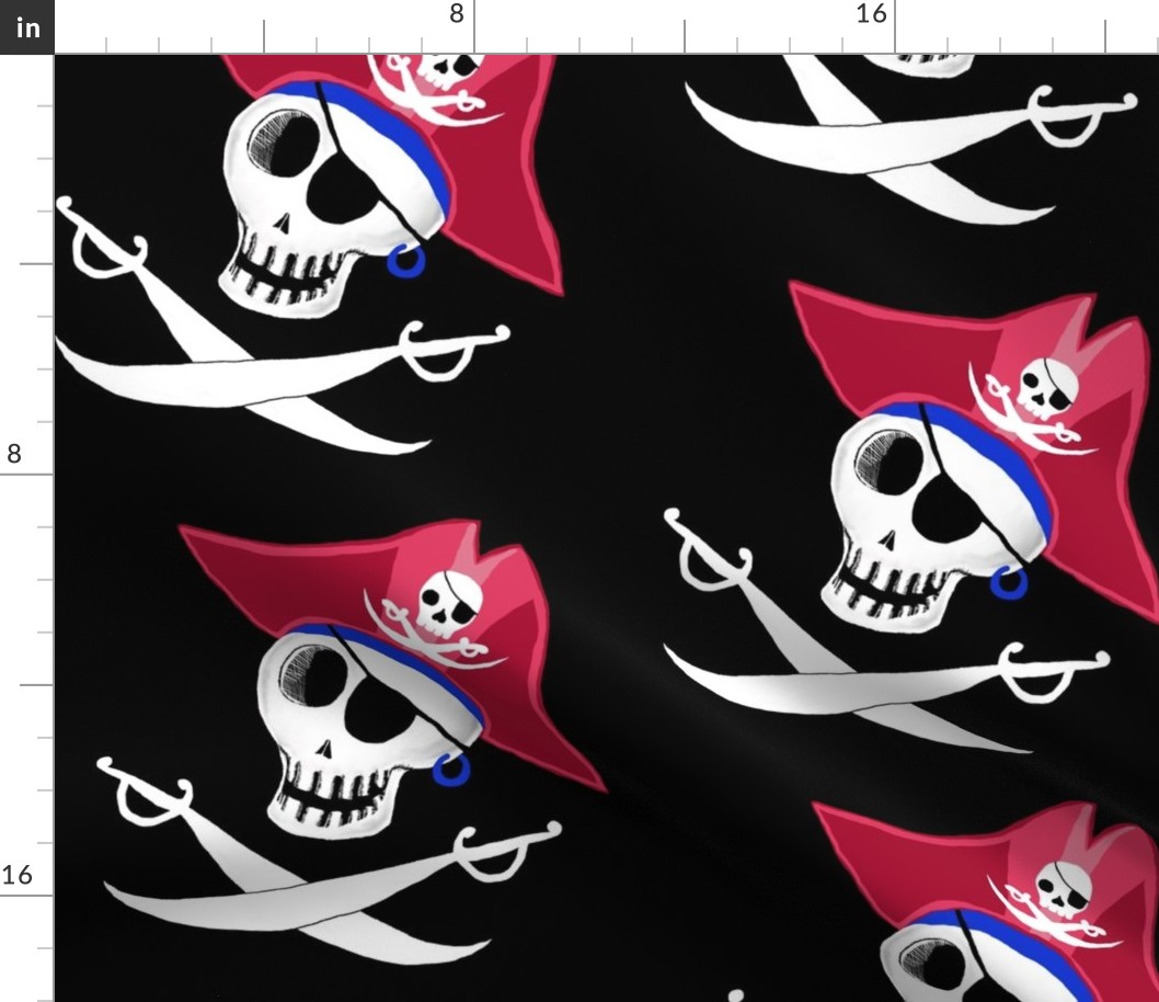 pirate skull, large scale, black and white, red, blue