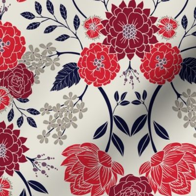 Sophisticated Red, Navy Blue & Gray Floral Pattern (Medium Scale)