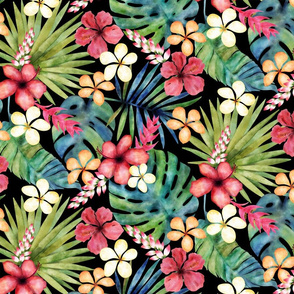 Tropical Paradise Watercolor Floral on Black Medium Scale