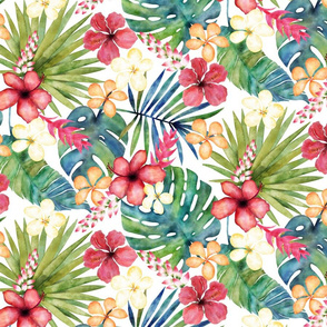 Tropical Paradise Watercolor Floral on White - Medium Scale