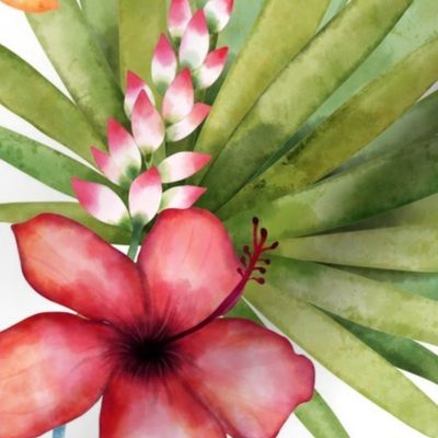 Tropical Paradise Watercolor Floral on White - Large Scale