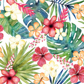 Tropical Paradise Watercolor Floral on White - Large Scale