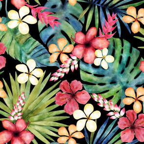 Tropical Paradise Watercolor Floral on Black - Large Scale