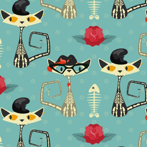 Rockabilly Cats- Skeletons - Teal