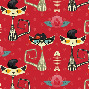 Rockabilly Cats- Skeletons - Red