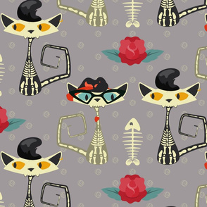 Rockabilly Cats- Skeletons - Grey