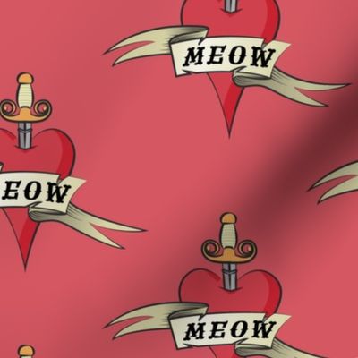 Rockabilly Cat Meow Heart Tattoo