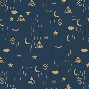 Mystic Universe third eye hipster moon phase and stars sweet dreams night navy blue gold LARGE