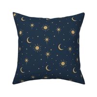 Mystic Universe sun moon phase and stars sweet dreams night navy blue gold LARGE