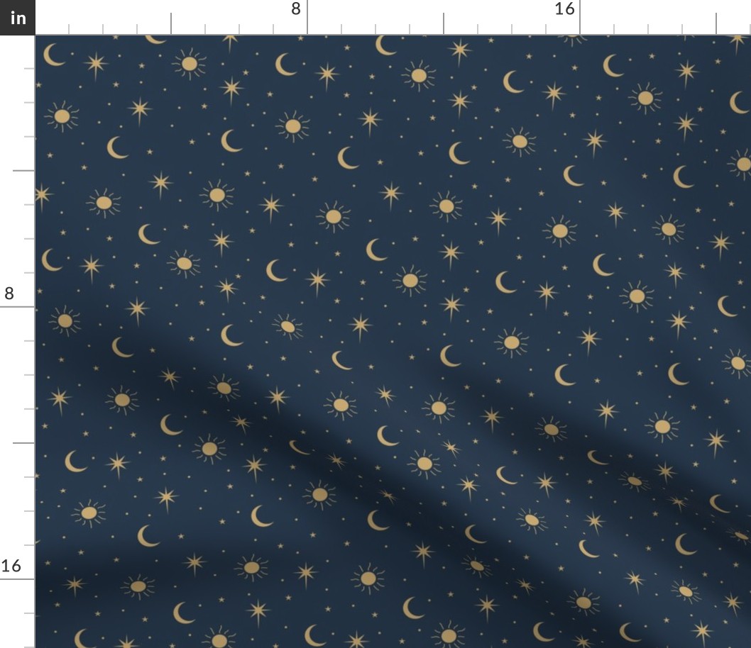 Mystic Universe sun moon phase and stars sweet dreams night navy blue gold