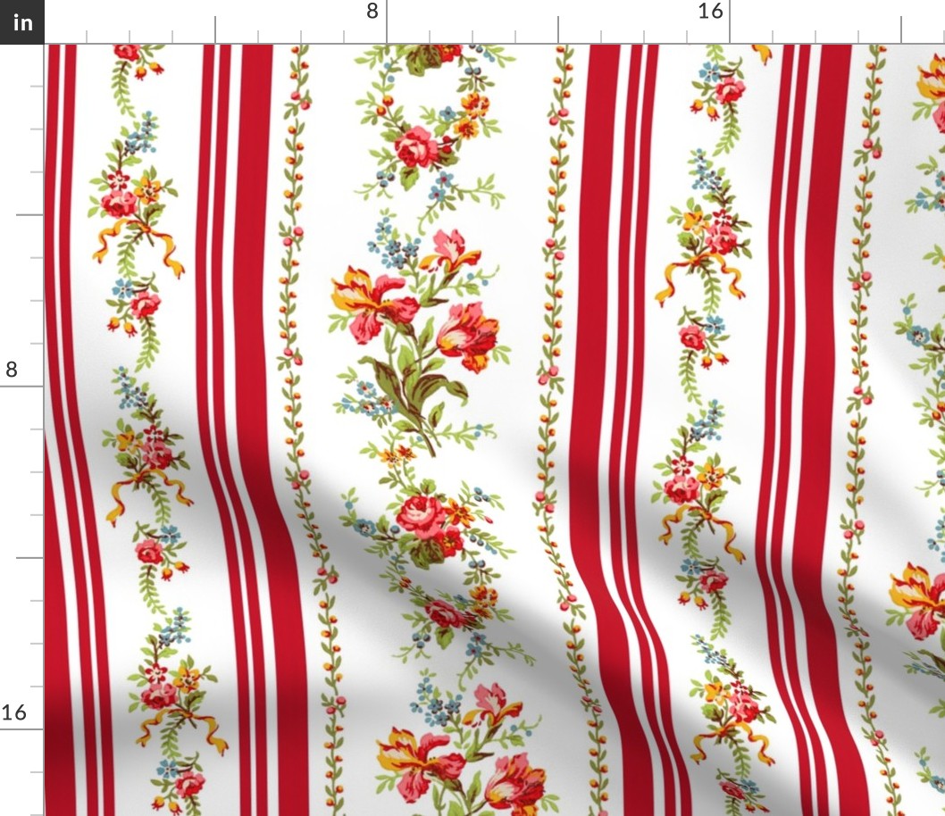 Belvedere Floral Stripe ~ Red Stripe on White 