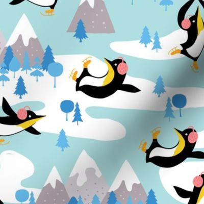 Winter penguins on ice skates and mountains light