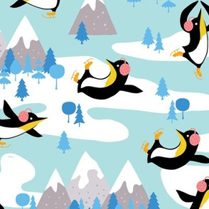 Winter penguins on ice skates and mountains light