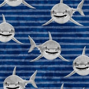 Sharks on dark blue stripes - great white sharks - LAD19