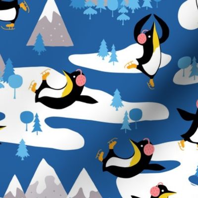Winter penguins on ice skates and mountains dark