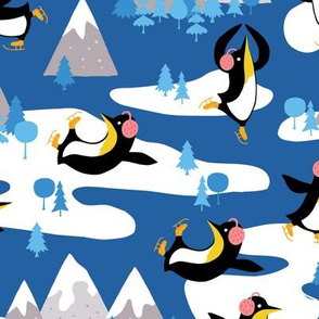 Winter penguins on ice skates and mountains dark