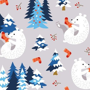 Polar bear with Christmas stockings blue