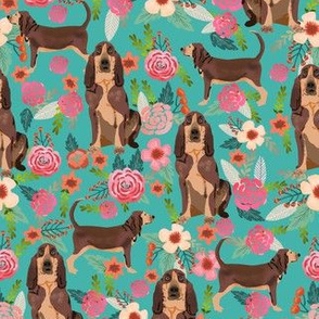 bloodhound liver tan floral dog fabric - liver and tan dog fabric, bloodhound dog design - turquoise