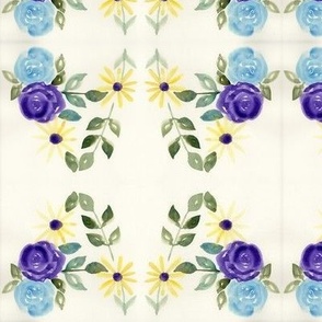 Retro Floral Yellow Purple Roses Daisies