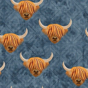 Highland cattle - highlander cow -  blue on diamonds - LAD19