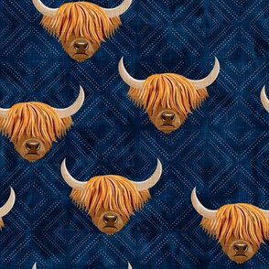 Highland cattle - highlander cow -  navy on diamonds - LAD19