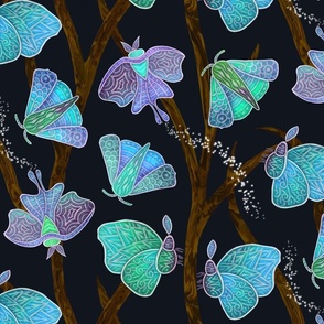 Forest Doodle Moths in blues, large